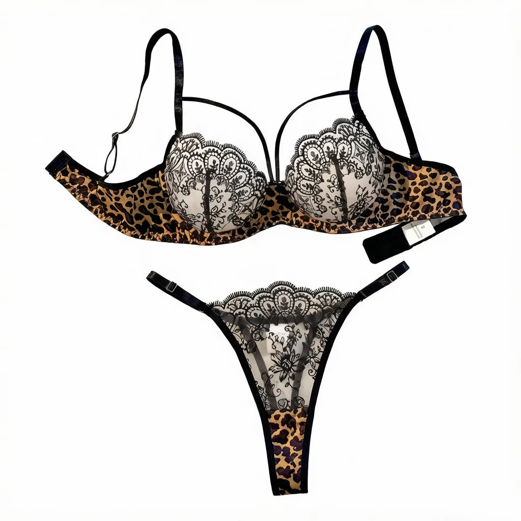 Women's Leopard Print Lace Bra & Brief Set