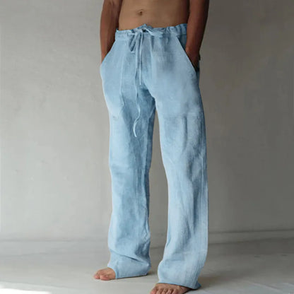Men's Casual Pants Daily Wear Solid Summer Full Length Soft Linen Pants Mid Waist Pocket Drawstring Trousers Streetwear Bottoms