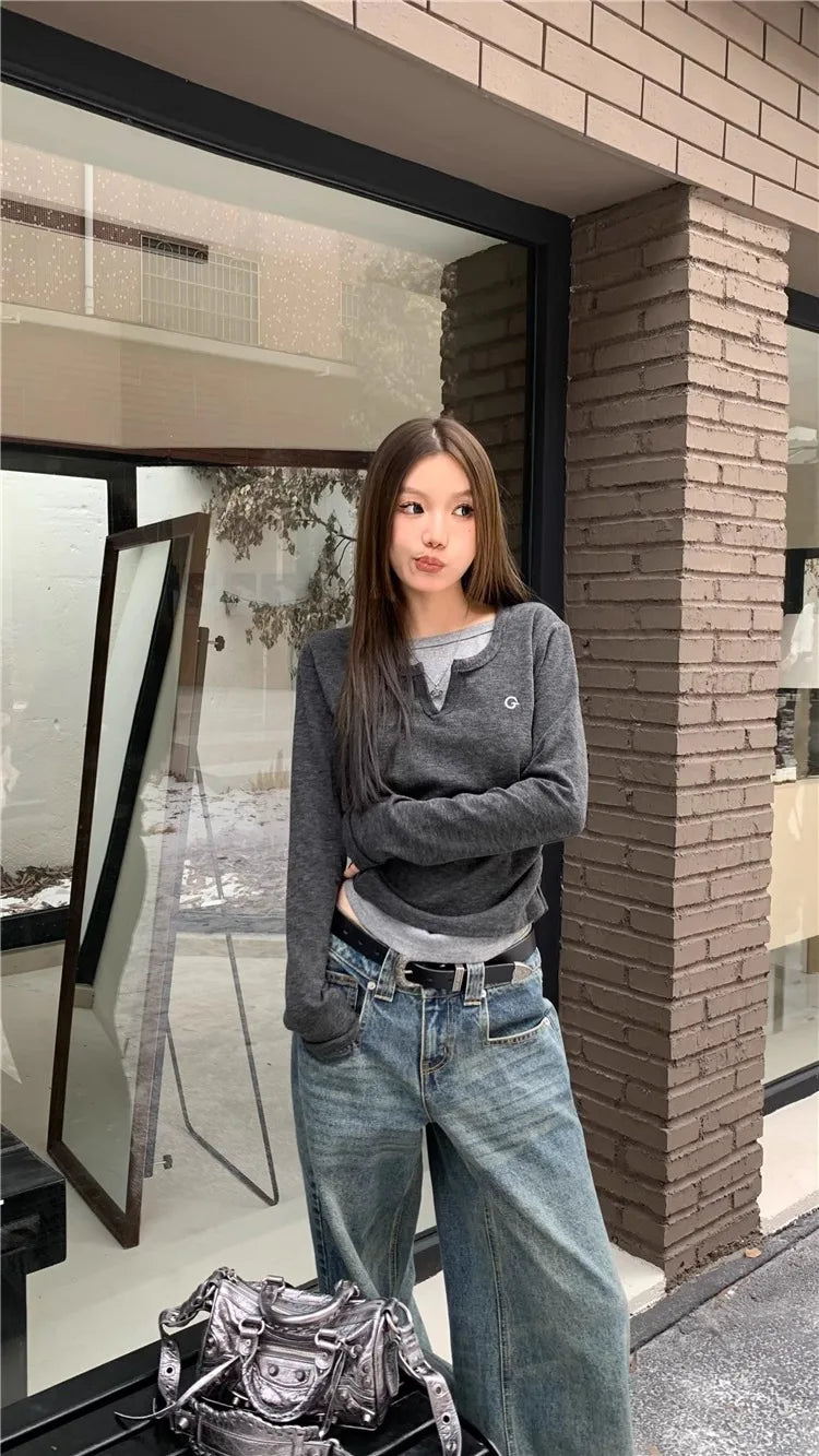 Women's Fake Two-Piece Long Sleeve T-Shirt – Slim Fit, Retro Style, S–XL
