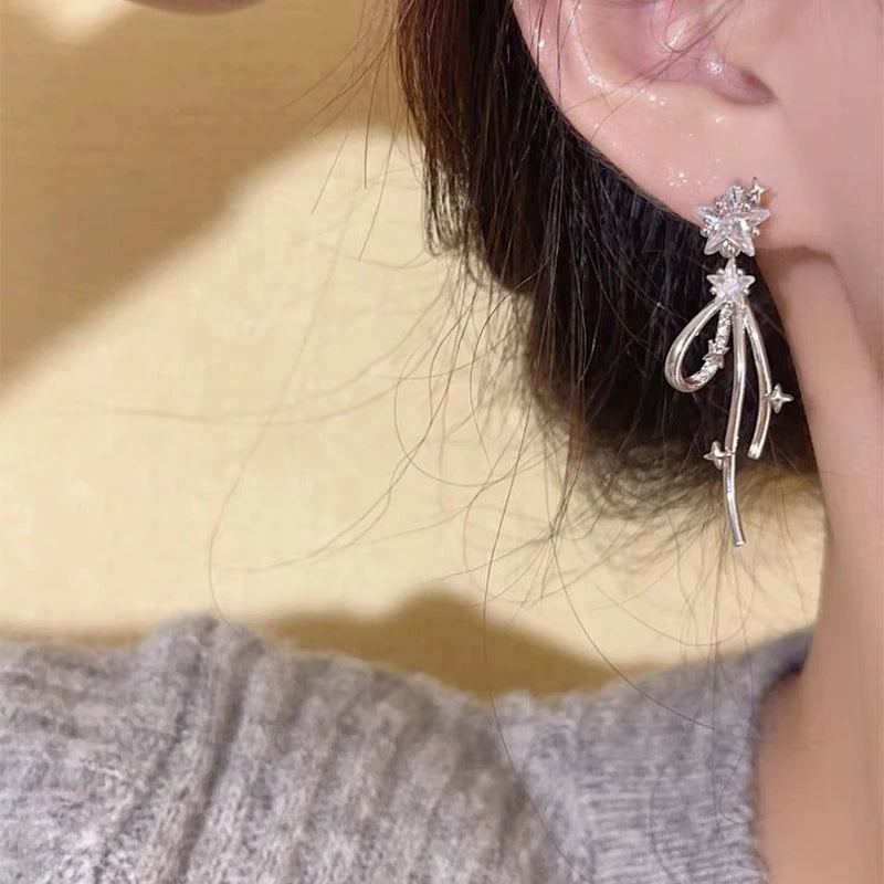 Y2K Zircon Star Bow Drop Earrings for Women Elegant Crystal Sparkling Star Tassel Stud Earring 2025 New Earrings Egirl Jewelry