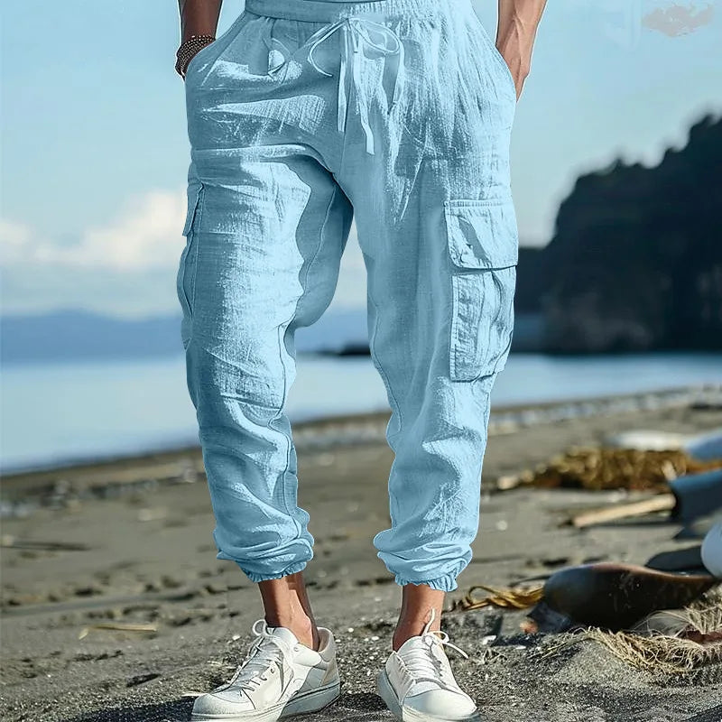 Amazon Cross-Border Cotton and Linen Tied Feet Multi-Pocket Tether Solid Color Loose Drawstring Trousers