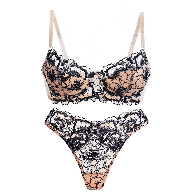 Women's Embroidered Lace Push-Up Bra Set
