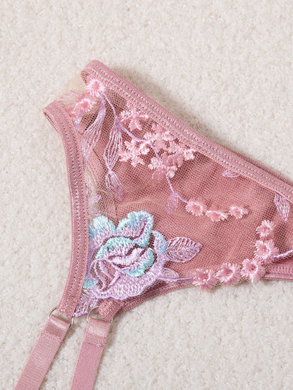 Women's Pink Satin Embroidered 3-Piece Lingerie Set