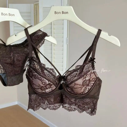 Sexy Lace Breathable Lingerie Set French-Style Small-Bust Support Bra Anti-Sagging & Side-Boob Control Soft Underwire Bra Set