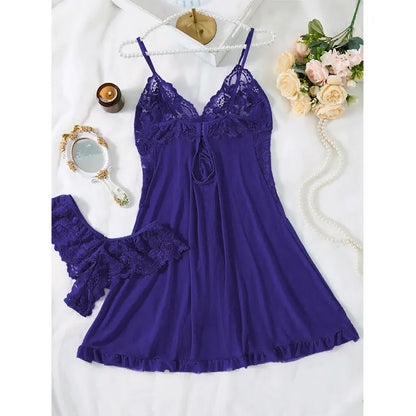 Summer Hot Sexy Sleepwear Dress Sleeveless Backless Women Lace Sheer Nightdress Solid Color Soft Pajamas Short V-neck Thong Set