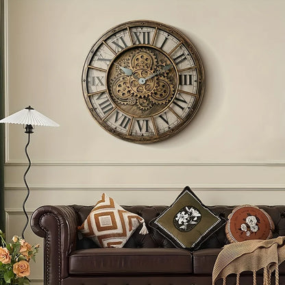 46cm Real Moving Gears Wall Clock Large Industrial Steam Punk Roman Numeral Wall Clock Living Room Home Decoration Quartz Clock