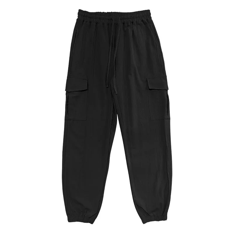 Amazon Cross-Border Cotton and Linen Tied Feet Multi-Pocket Tether Solid Color Loose Drawstring Trousers