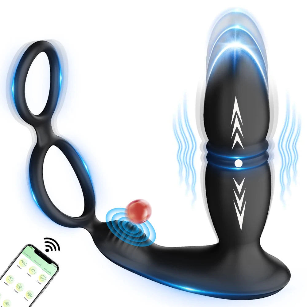 Bluetooth APP Control Thrusting Prostate Massager Vibrator Dual Ring Anal Expander Butt Plug Adult Goods Sex Toy for Men