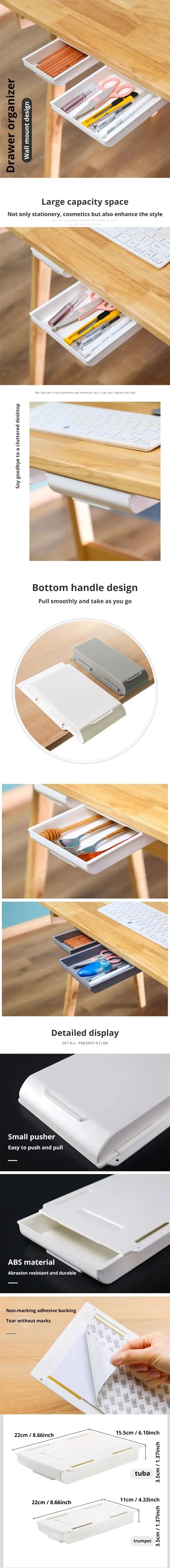 White SelfAdhesive Storage Drawer Box Makeup Pencil Tray Desk Hidden Under Desk Stand Self-adhesive Under-drawer Storage Box YH