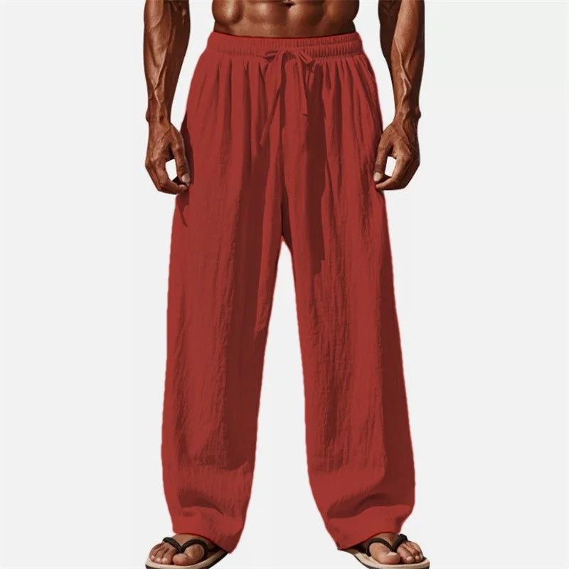 Men's Casual Pants Daily Wear Solid Summer Full Length Soft Linen Pants Mid Waist Pocket Drawstring Trousers Streetwear Bottoms