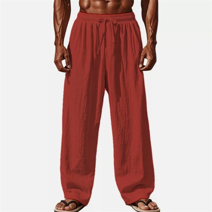 Men's Casual Pants Daily Wear Solid Summer Full Length Soft Linen Pants Mid Waist Pocket Drawstring Trousers Streetwear Bottoms