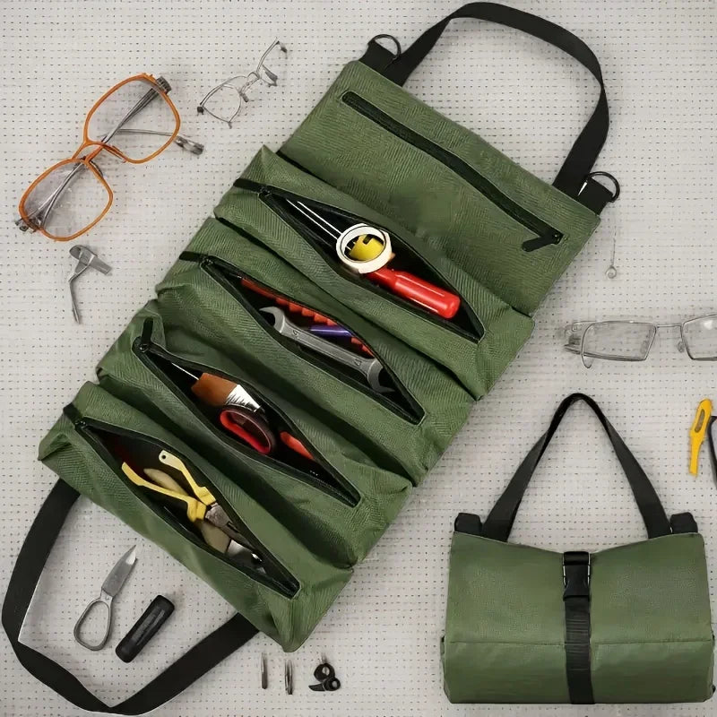 Heavy-Duty Roll-Up Tool Bag - Oxford Fabric Multi-Tool Organizer All-in-One Garage Storage for Mechanics/Electricians/Carpenters