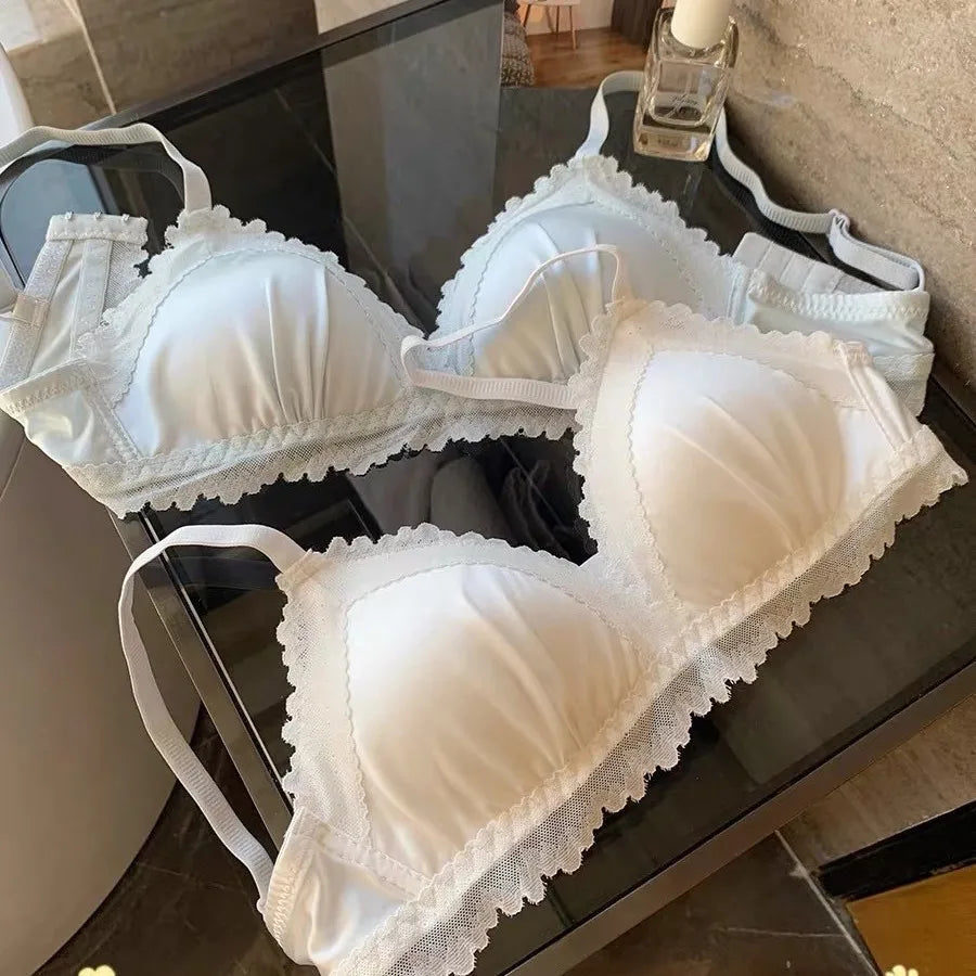 Sexy Lace Bra Set Teenage Thin Section Underwear Female Satin Lace Sweet Pure Desire Gathered Anti-Sagging Triangle Cup Bra
