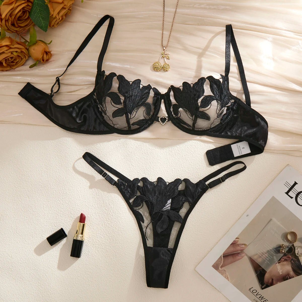 Black Floral Embroidered Satin Bra & Thong Set