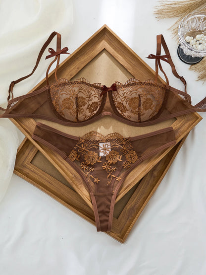 Women's Sheer Floral Embroidered Lingerie Set