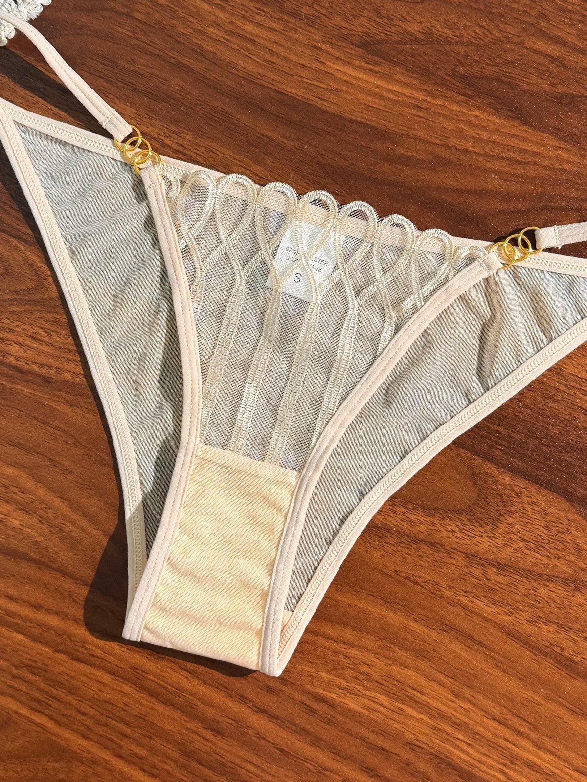 Women's Beige Lace Mesh Bra & Panty Set