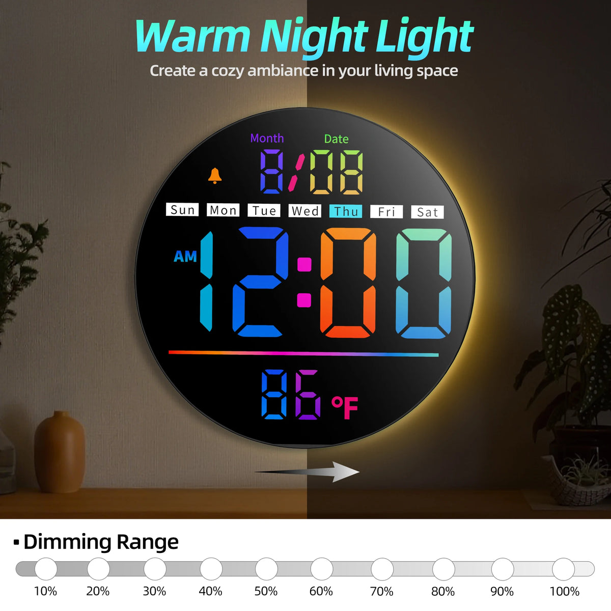 8‘’LED Wall Clockwith Timer,Temperature,Date,Night Light,RGB Color,Alarm,5-Level BrightnessDigital Clock for Classroom,Bedroom