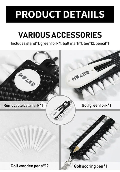 Golf Tees Rack with 12pcs Tees Green Fork and Pencil Portable Golf Accessory Storage Device TC001