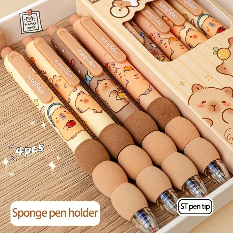 Set of 4 Capybara-Themed Erasable Gel Pens Point of 0.5 Mm Soft Grip Barrel Perfect Gift Choice Office And School Supplies