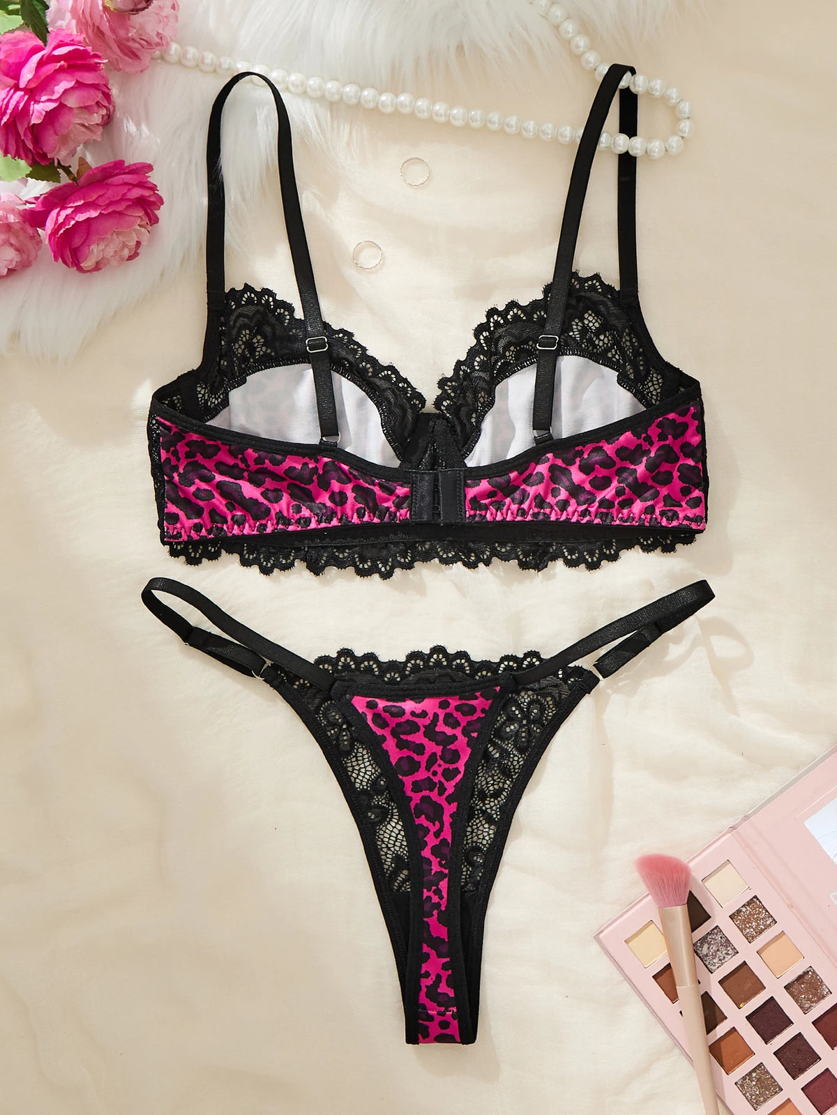 Hot Pink Leopard Lace Bra & Thong Set