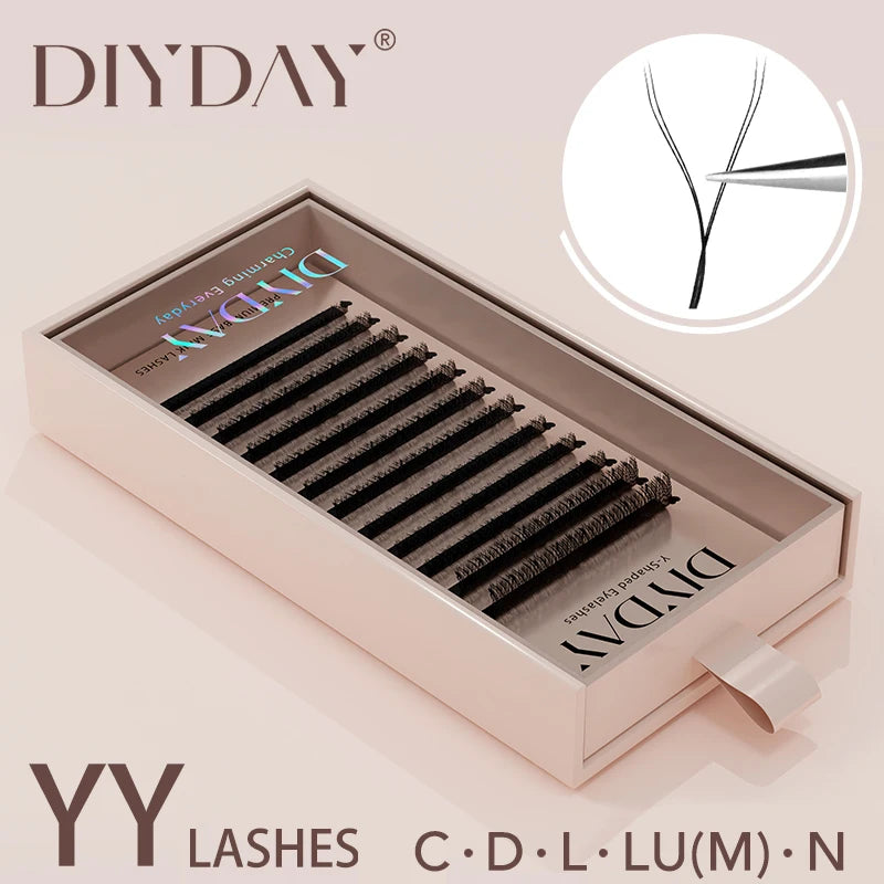 DIYDAY YY Shape Eyelash Extension C D L LU(M) N Curl Brown Lash Natural Soft Premade Volume Fans Two Tips Y-Shaped False Eyelash