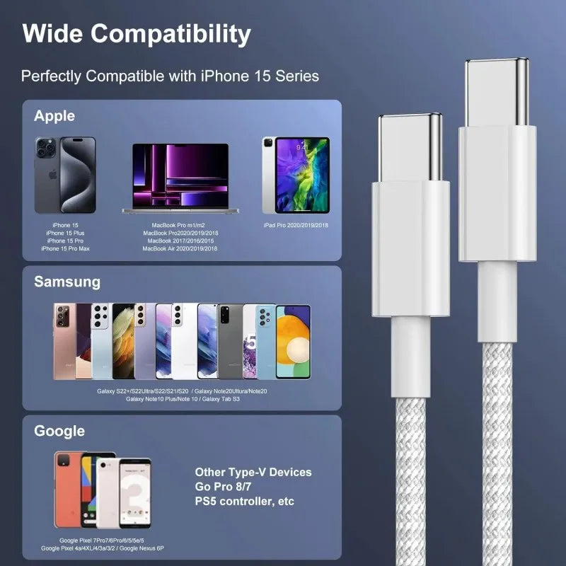 3PCS Fast Charger Cable Compatible with iPhone 17/16/15 Samsung Xiaomi Huawei USB-C to Type C Charging Data Cable Nylon Braided