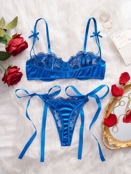 Women's Satin Floral Embroidered Lingerie Set
