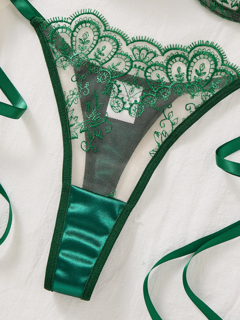 Dark Green Floral Embroidered Bra & Tie-Side Thong Set