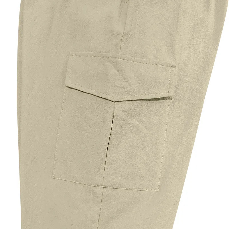 Amazon Cross-Border Cotton and Linen Tied Feet Multi-Pocket Tether Solid Color Loose Drawstring Trousers
