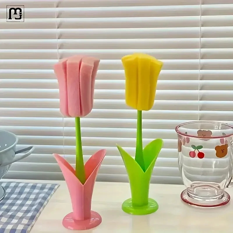 1pc Tulip Cup Brush with Detachable Sponge Head - Long Handle Bottle & Glass Cleaner, Durable Plastic, Ideal for Kitchen Use