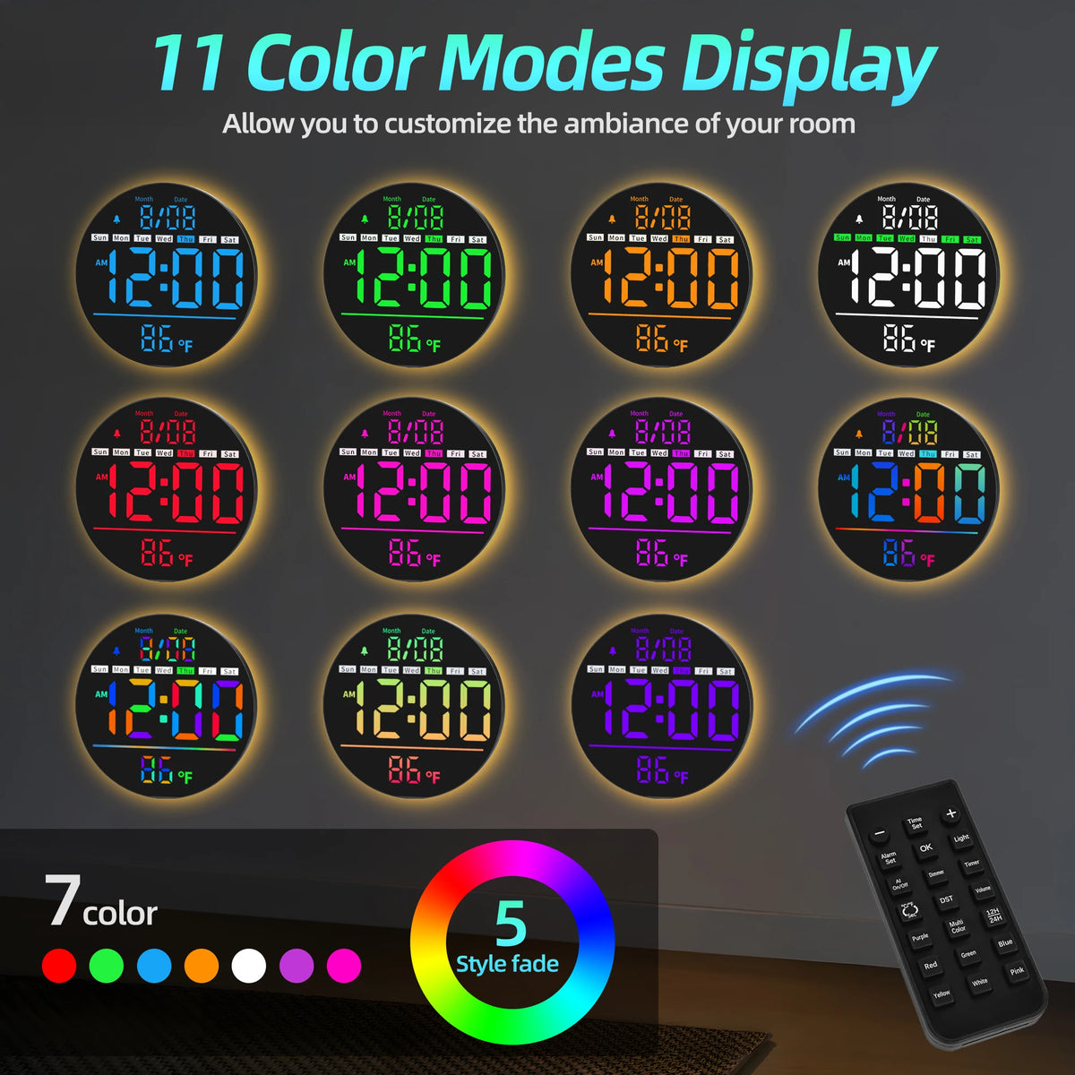 8‘’LED Wall Clockwith Timer,Temperature,Date,Night Light,RGB Color,Alarm,5-Level BrightnessDigital Clock for Classroom,Bedroom
