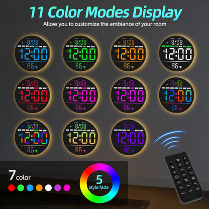8‘’LED Wall Clockwith Timer,Temperature,Date,Night Light,RGB Color,Alarm,5-Level BrightnessDigital Clock for Classroom,Bedroom