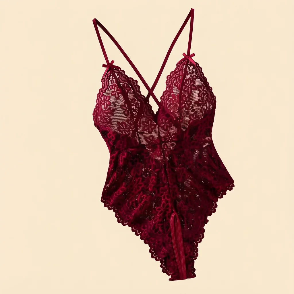 Burgundy Floral Lace Deep-V Bodysuit