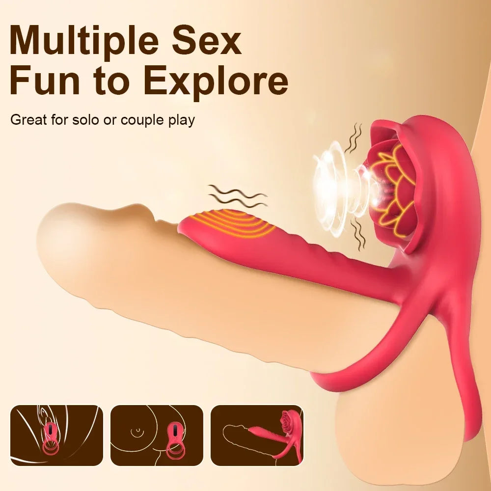 Remote Control Vibrating Cock Ring Penis Sleeve with Rose Clitoral Stimulator Penis Ring Vibrator Adult Sex Toys for Men Women