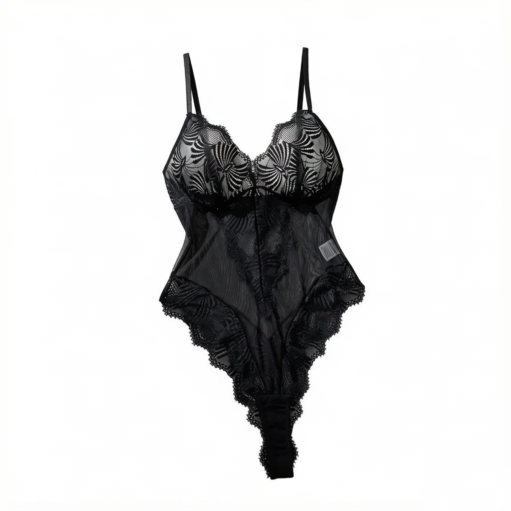 Black Floral Lace Mesh Bodysuit