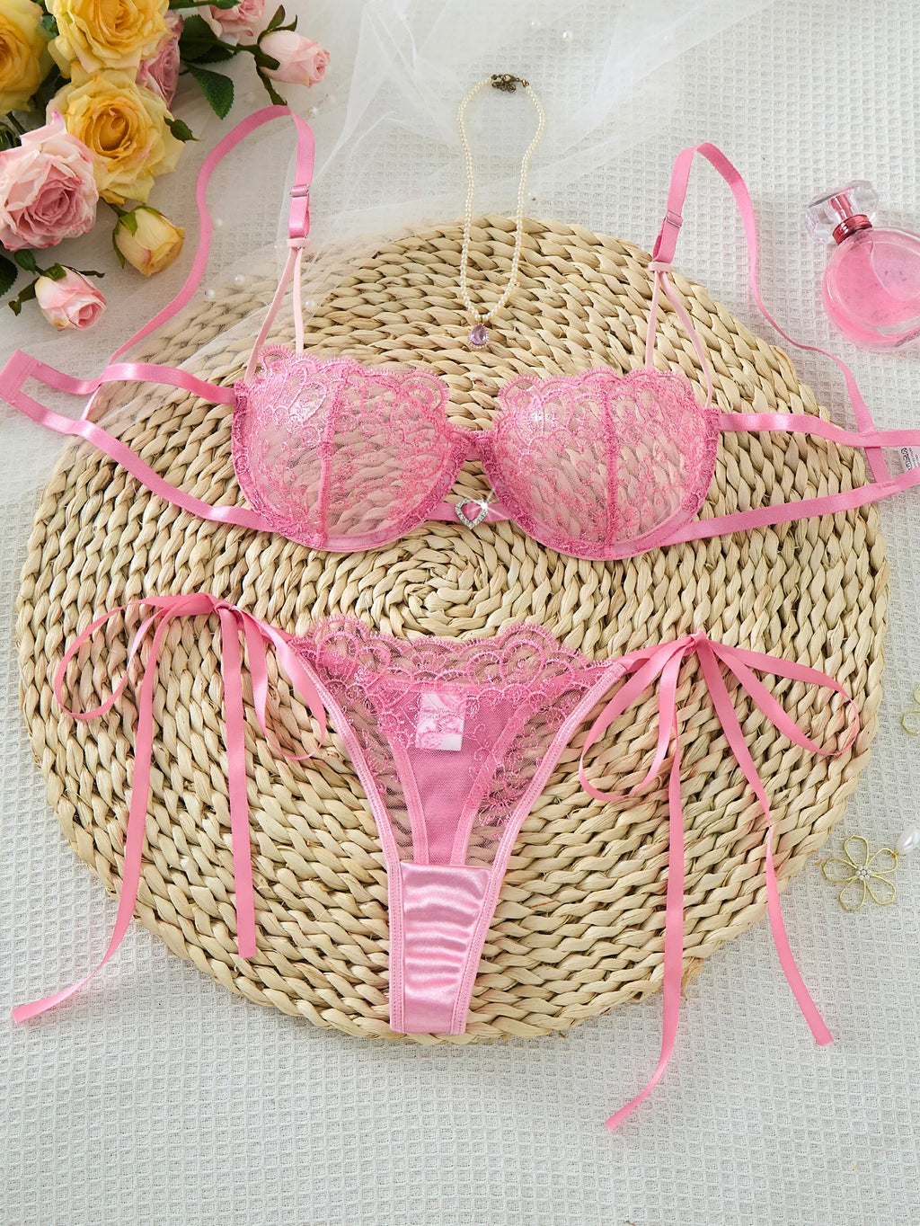 Pink Floral Embroidered Bra & Tie-Side Thong Set