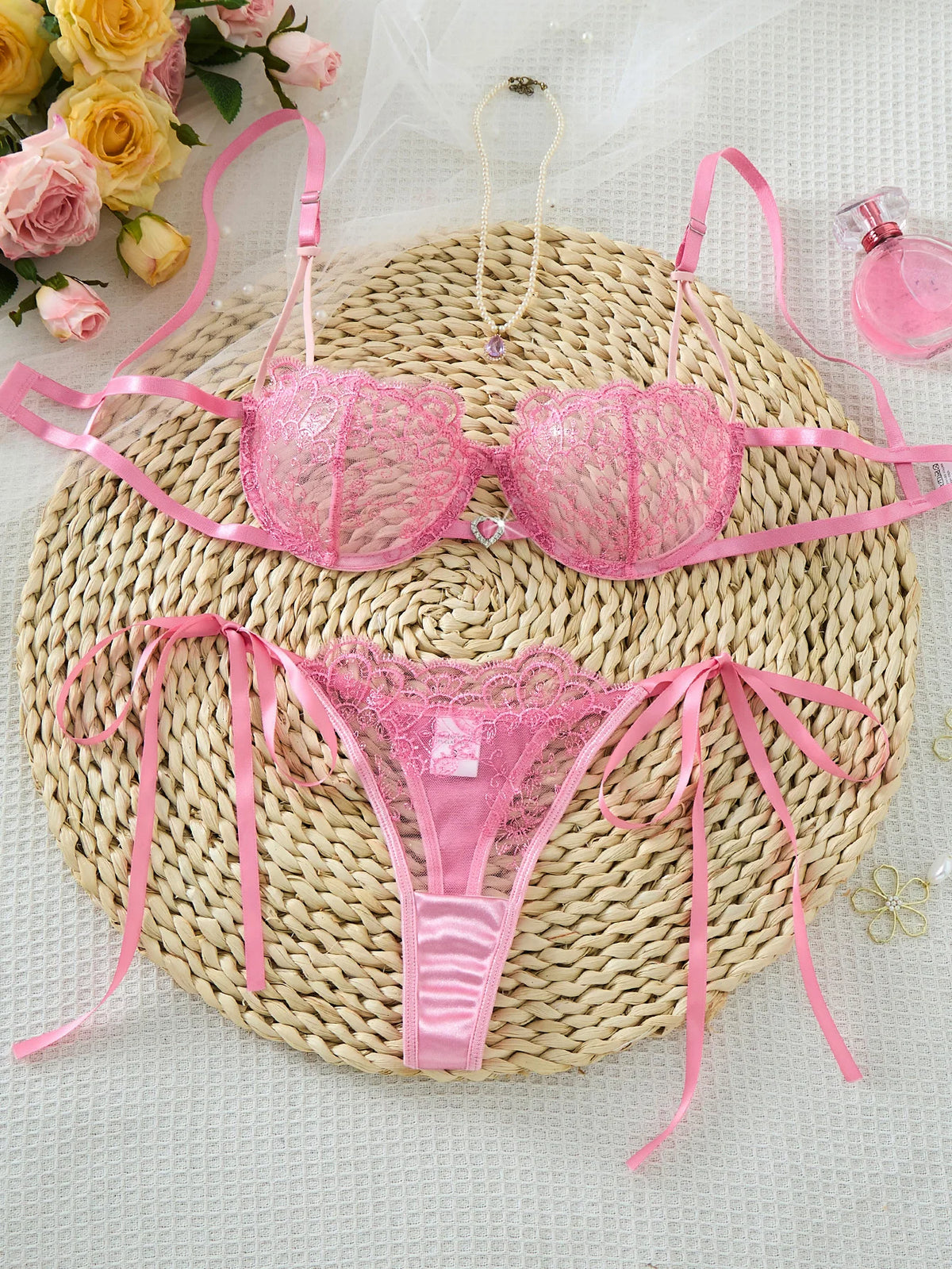 Pink Floral Embroidered Bra & Tie-Side Thong Set
