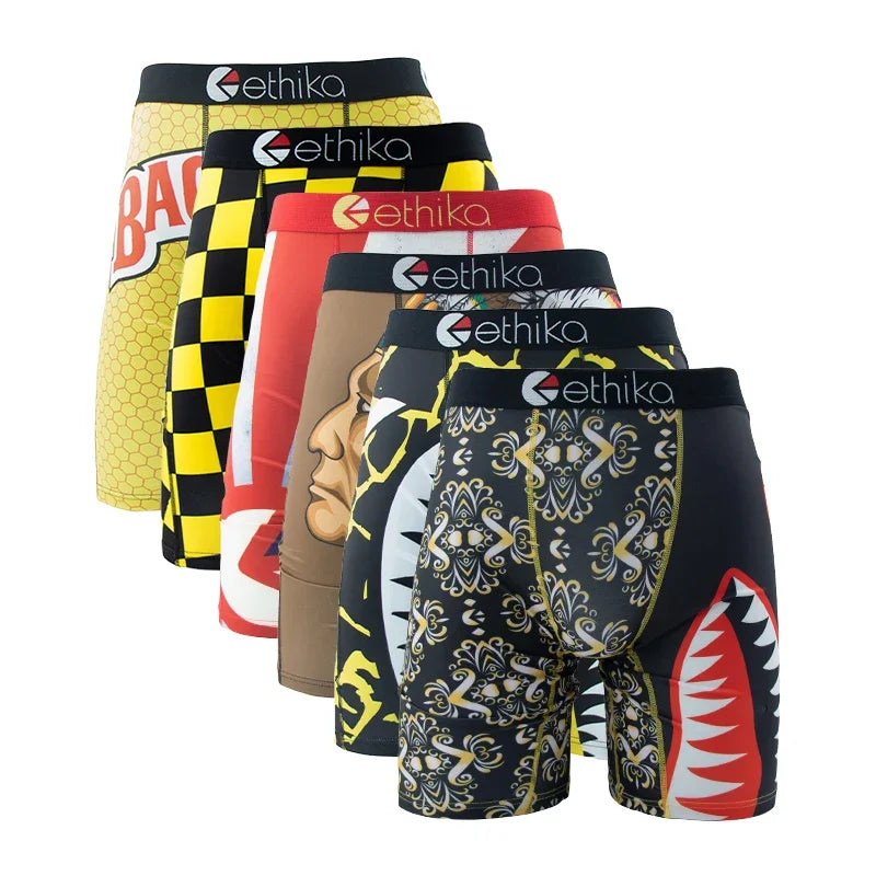 ETHIKA 6Pcs Men Underwear Boxers Breathable Man Swimming Underpants Plus Size Print Mens Panties Trunks Sexy Men's Boxershorts