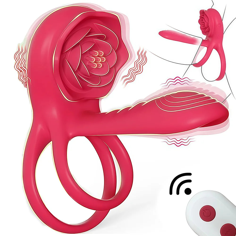 Remote Control Vibrating Cock Ring Penis Sleeve with Rose Clitoral Stimulator Penis Ring Vibrator Adult Sex Toys for Men Women