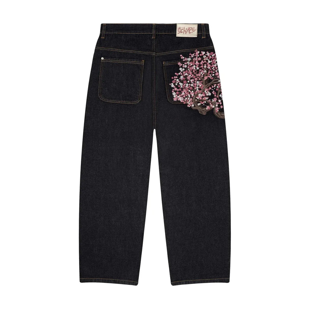 Cherry Blossom Selvedge Embroidery Denim Pants Y2k Retro Men Casual Baggy Straight Wide Leg Jeans High Quality Hiphop Streetwear