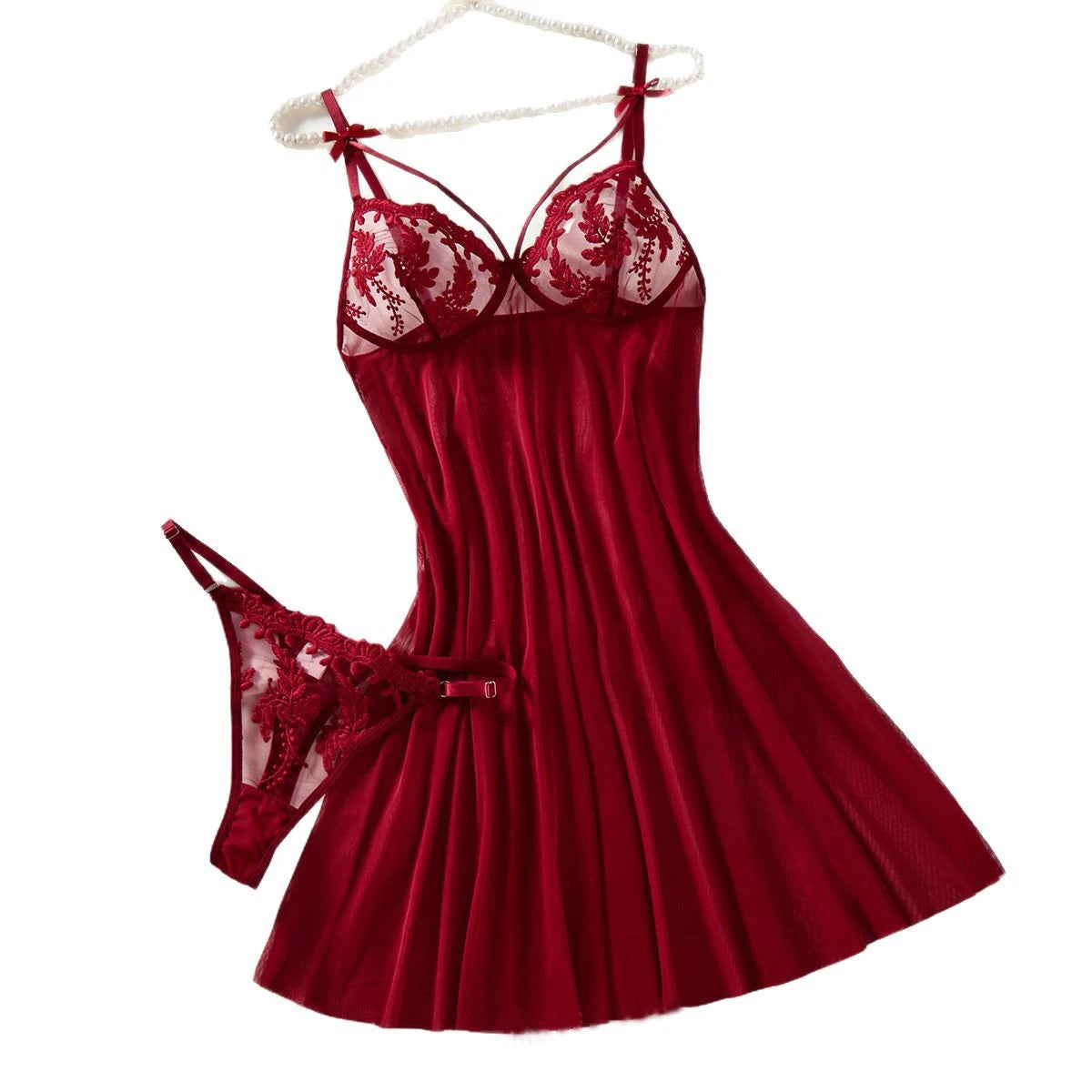 Wine Red Wheat Embroidered Nightgown