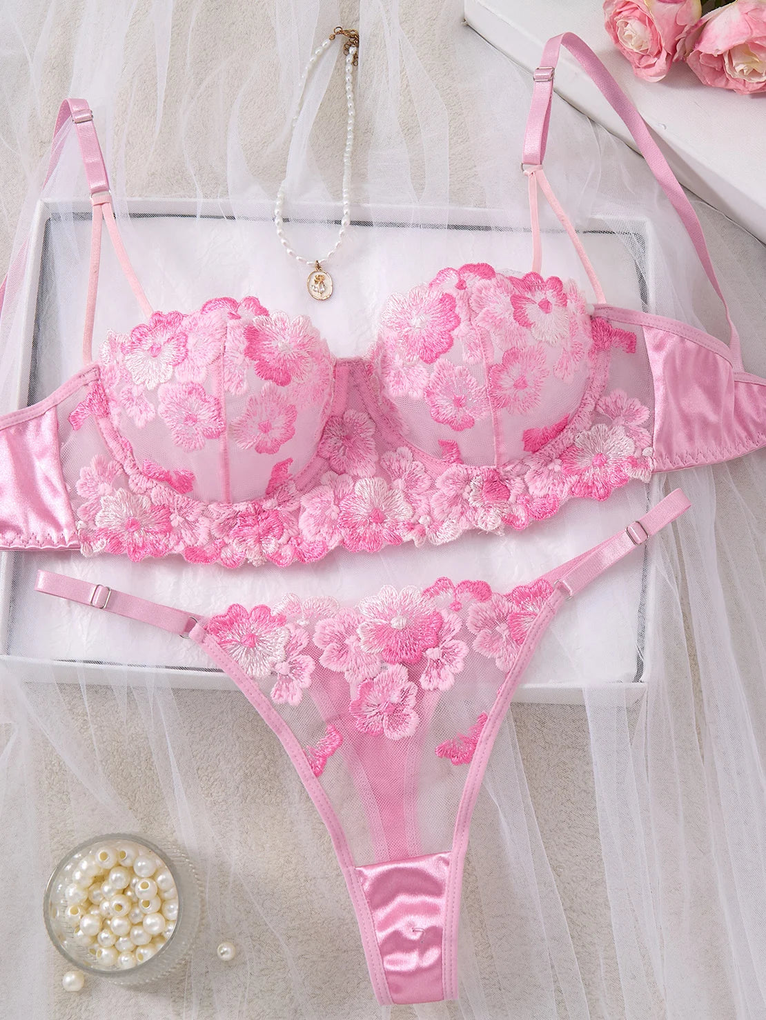 Pink Cherry Blossom Embroidered Bra & Thong Set