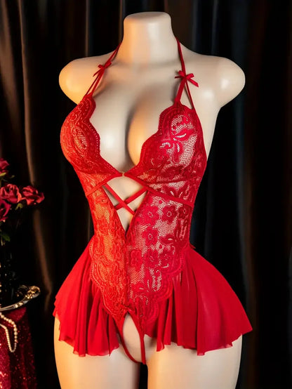 Front Clasp Open Bra Porn Lingerie Corset Deep V Sexy Crotchless Claret Underwear Women Lace Hollow Bras Hot Baby Doll Dress