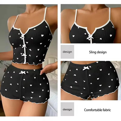 Sleepwear Women Pajamas Set Heart Print Soft Ribbed Fabric with Flirty Frill Trim Casual Cami Top and Shorts Sets Loungewear New