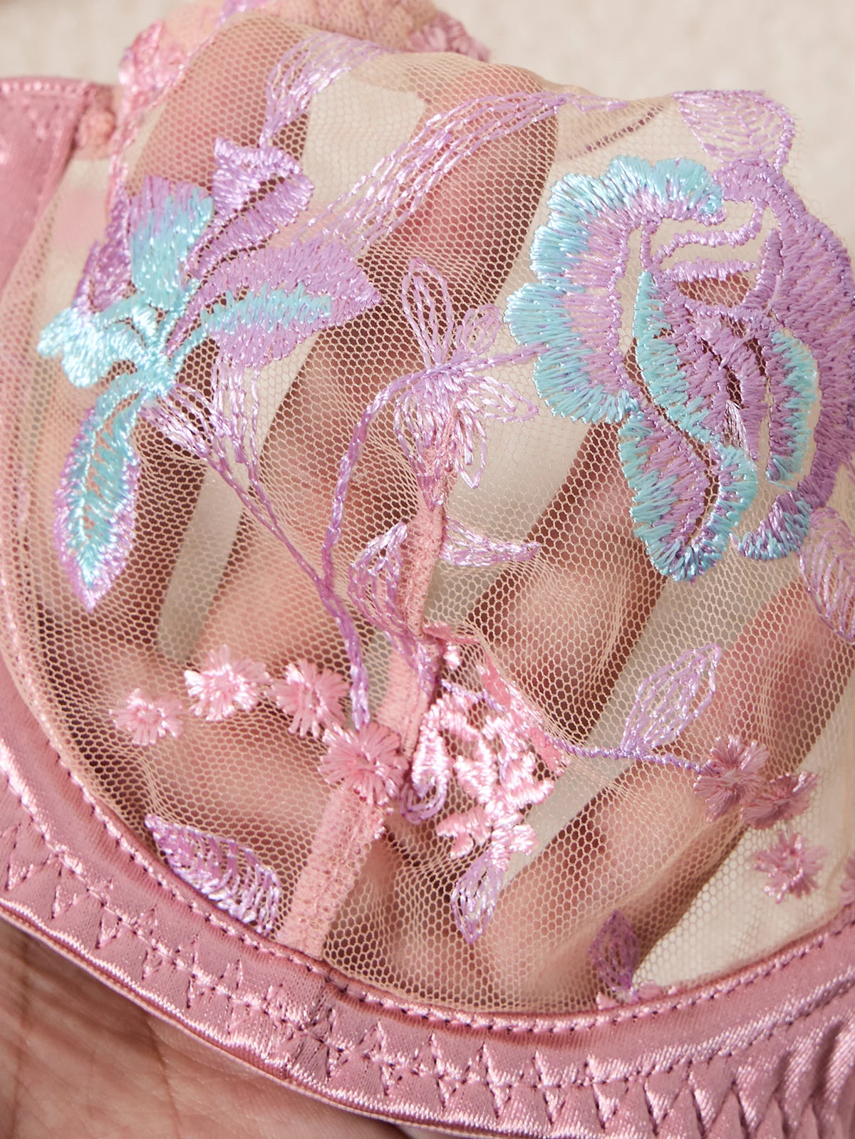 Women's Pink Satin Embroidered 3-Piece Lingerie Set