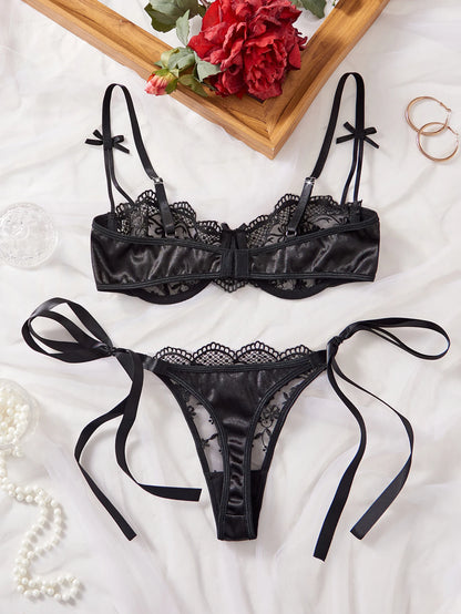 Women's Satin Floral Embroidered Lingerie Set