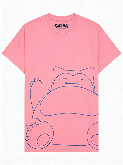 Bandai New Pocket Snorlax Line Art Print High Quality Fashion Men's Short Sleeve Parent-Child Loose Comfortable T-Shirt