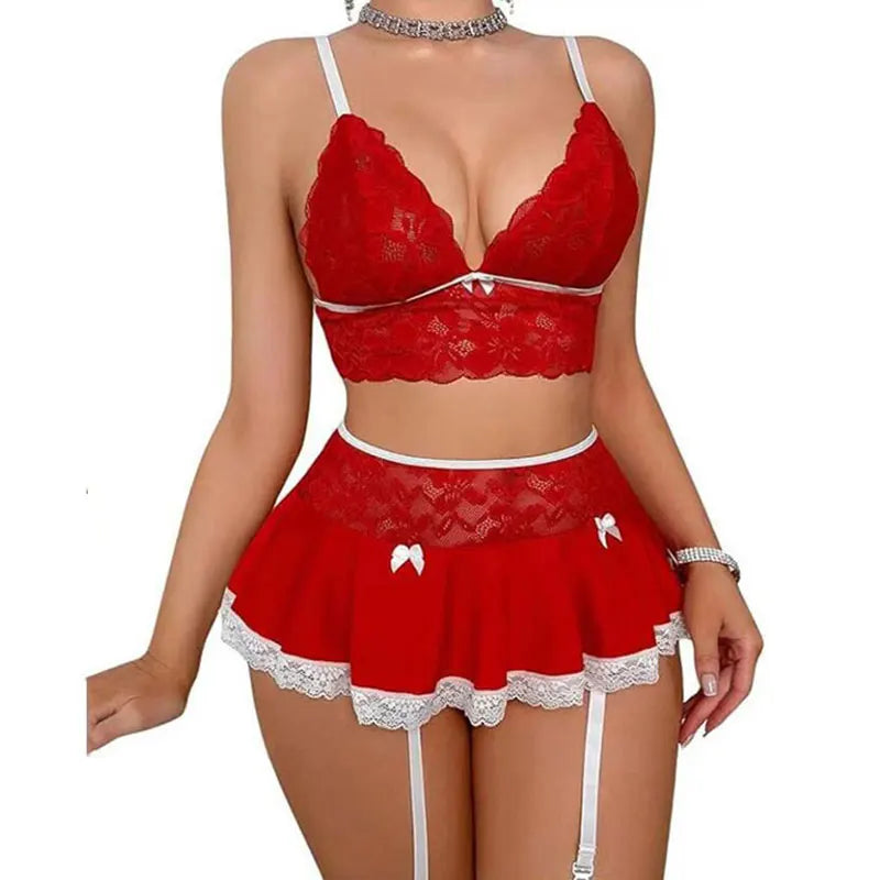 Hot Cosplay Uniform Open Bra Fantasy Miniskirt Nightwear Garter Bra Sets Sexy Costumes Women's Outfit Lingеrie Set