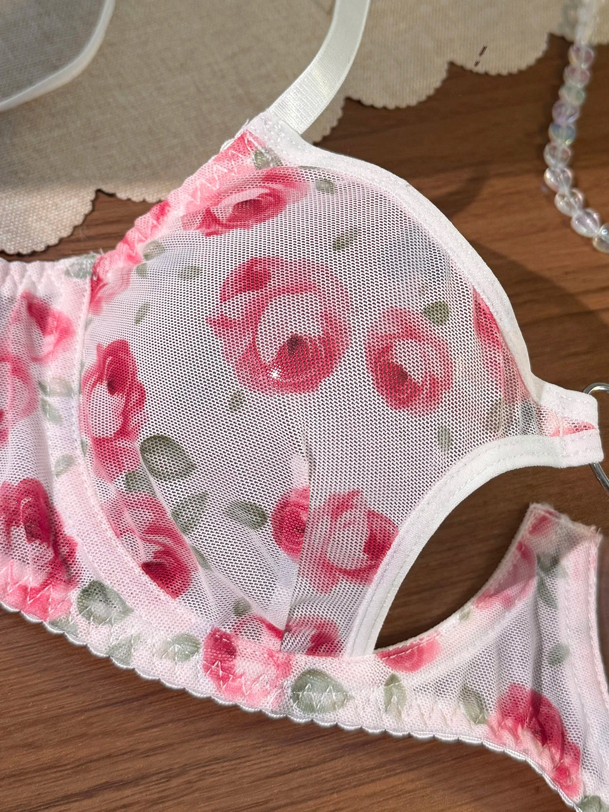 Women's Pink Rose Sheer Mesh Bra & Thong Set