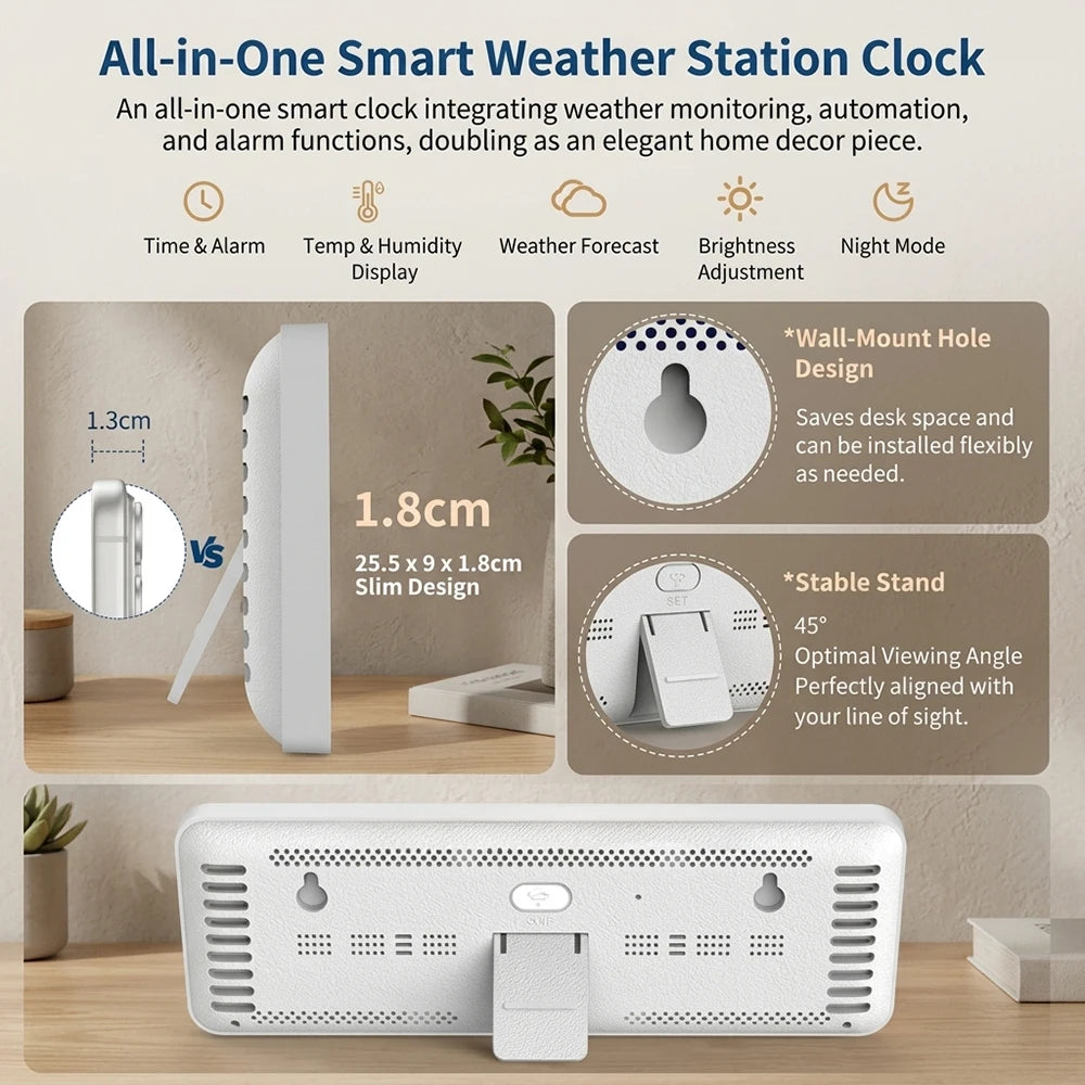 Smart Weather Clock Indoor Temp  Humidity Desk Wall Mountable Digital Alarm Clock Calendar Week Display Home Decor Gift Tuya